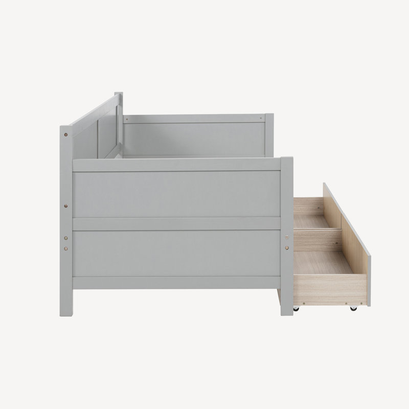 Lit de jour simple en bois de pin avec 2 tiroirs de rangement, Gris