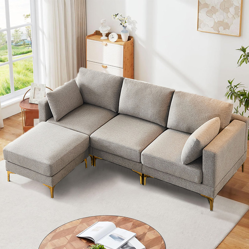 Raylean 93" L-Shaped Modular Combination Sectional Sofa with Ottoman, Gray Polyester