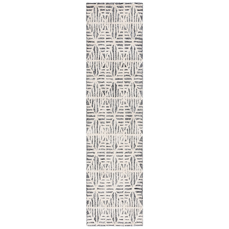 Tapis noir / ivoire en coton et viscose en laine et coton touffeté à la main Jimya, Tapis de couloir 2 pi 3 po x 9 pi