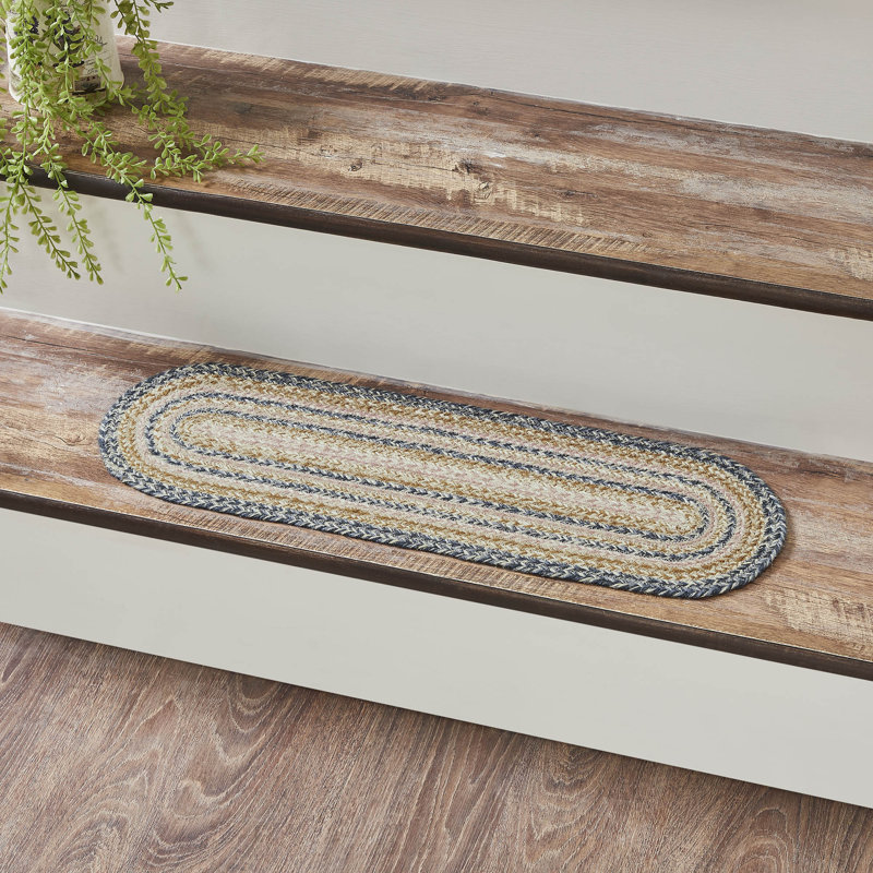 Tapis d'escalier bleu / beige Liseron, Ovale 8,5 po x 2 pi 3 po