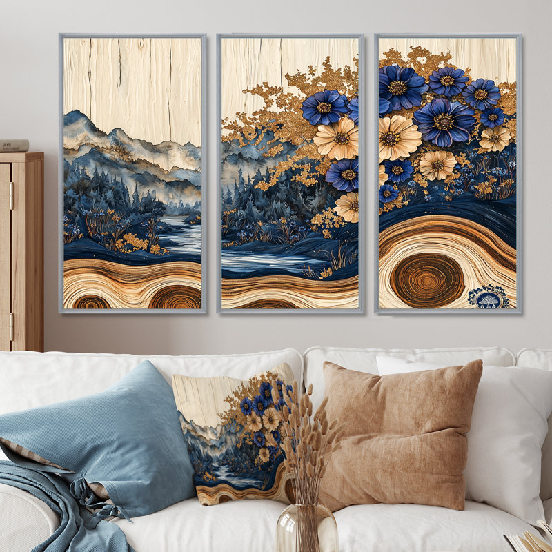 Fleurs aqua bleuet et paysage de forêt en bois II - Art mural sur toile bleuet - ensemble de 3, H 40 po x l 60 po