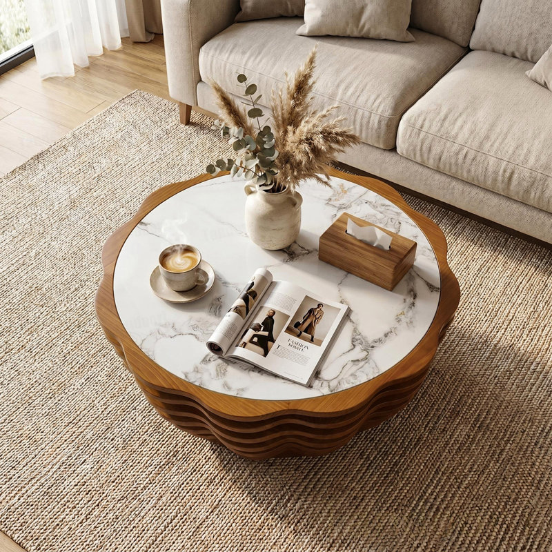 La table basse ronde, la table basse en forme de fleur, les plateaux de table en pierre avec des motifs de marbre uniques sont idéaux pour le salon, le bureau et le café - entièrement assemblés