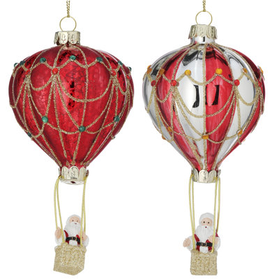 5.5" Glass Santa In Hot Air Ballon Ornament Set of 2