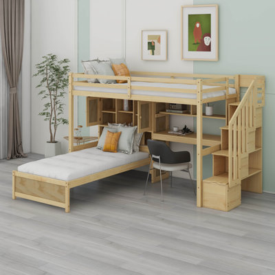 Lit mezzanine simple au-dessus de simple avec bureau intégré et escalier pour enfants, lit mezzanine en forme de L avec compartiments de rangement et tablettes