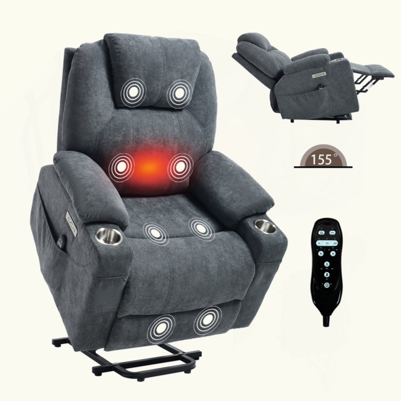 Up to 350 LBS polyester Power Lift Recliner Chair, Heavy Duty Motion Mechanism with 8-Point Vibration Massage and Lumbar Heating, USB and Type-C Ports, Stainless Steel Cup Holders