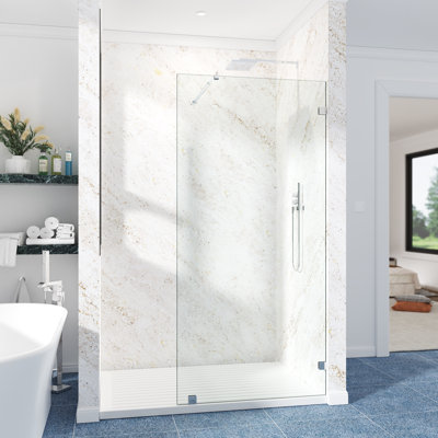 Panneau de douche fixe sans cadre de 61 cm (L) x 193 cm (H) avec verre trempé transparent de 9,5 mm, film résistant aux éclats et barre télescopique réglable