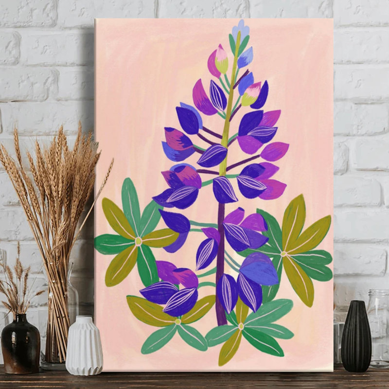 Lupin violet fleuri sur une tige - Impression d'art mural moderne sur toile tendue sur châssis, 91,4 cm (H) x 61 cm (L), prête à être accrochée