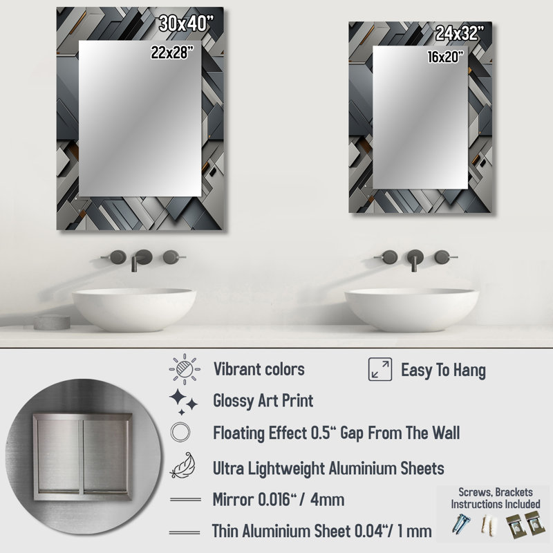 Grey Concrete Symmetry Geometric - Geometric  Decorative Mirror, Geometric Wall Mirror, Printed Metal Art, 40" x 30"