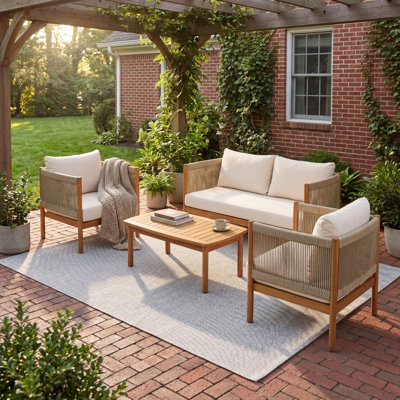 Ensemble de canapé d'extérieur 4 pièces avec structure en bois d'acacia d'aspect teck, panneaux de corde beige et coussins crème