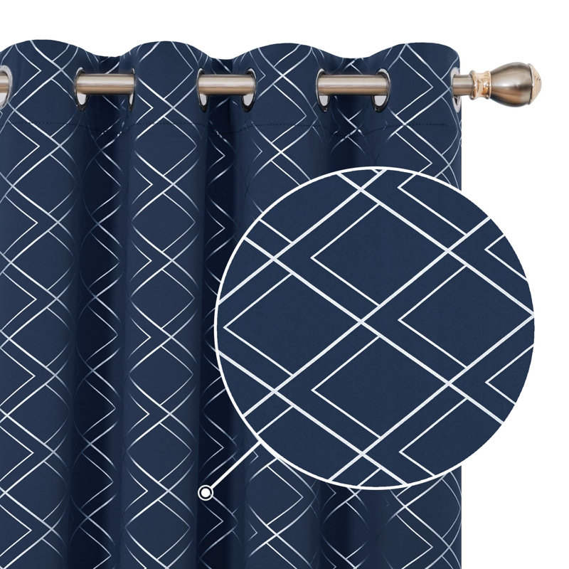 Silver Printed Room Darkening Grommet Curtains (Set of 2), 42" W x 63" L, Navy Blue