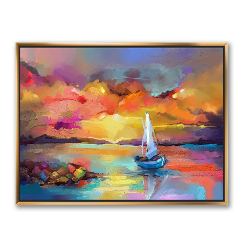 Coucher de soleil, peinture avec reflets colorés II - reproduction d'art sur toile, H 24 po x l 32 po, Toile encadrée, Doré