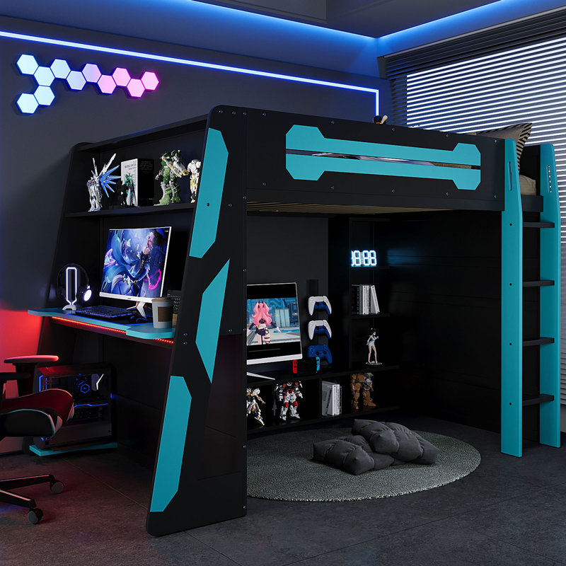 Lit mezzanine double en bois de couleur bleu nuage avec rangement sous le comptoir, éclairage et bureau latéral pour un espace de jeu parfait.