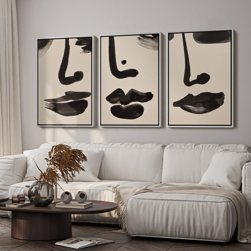 "Minimal Abstract Ink Brush" 3 pièces, reproduction d'art encadrée, H 36 po x l 24 po, Blanc