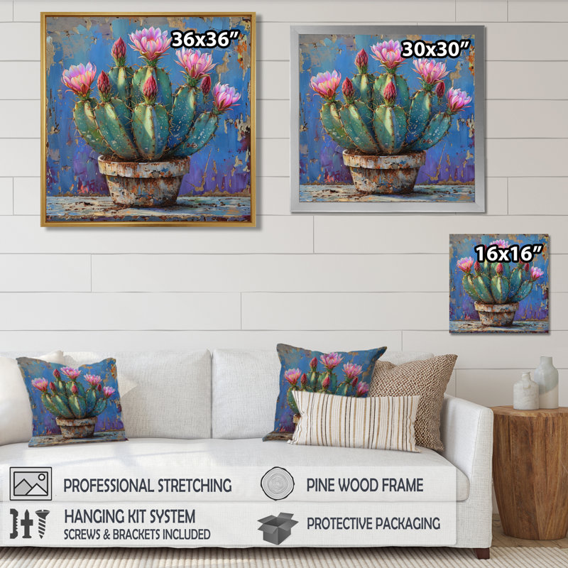 Cactus rose en poterie du désert - impression d'art mural cactus floral, Toile tendue, H 36 po x l 36 po x P 1,5 po