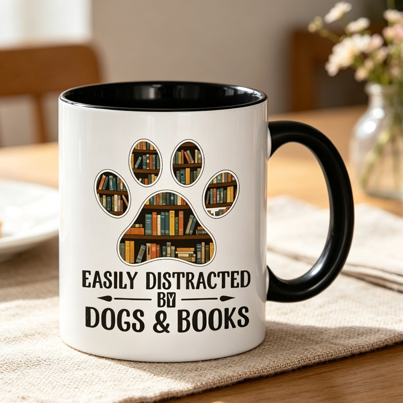 A Ceramic Coffee Mug Featuring a Dog And Book Design, Perfect for Holding Tea, Milk, Or Water.