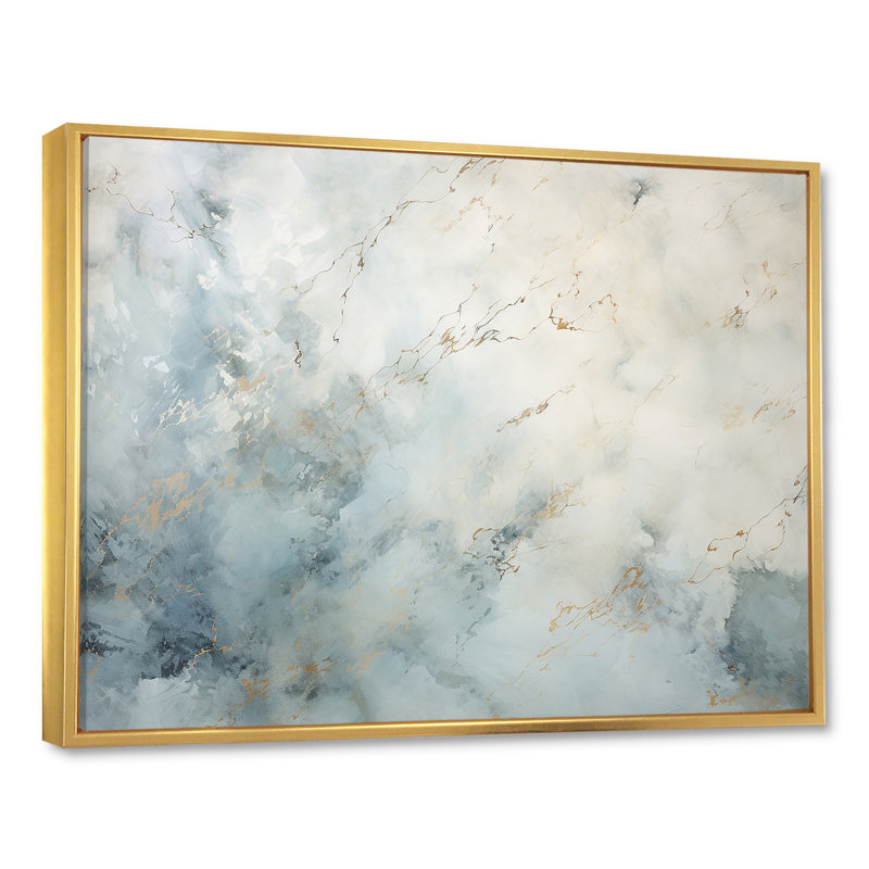 «Blue and White Snow Blooming - Abstract Shapes», art mural, Cadre flottant doré, H 16 po x l 32 po x P 1 po
