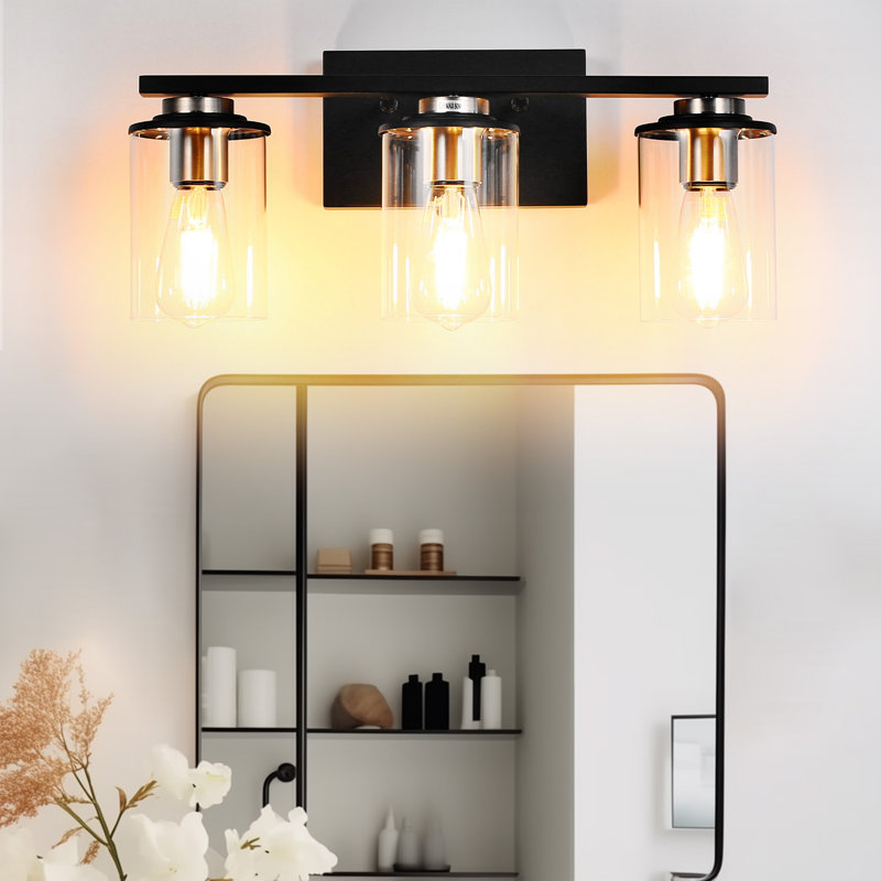 Éclairage pour salle de bain 3 lumières noir et nickel brossé avec abat-jour en verre transparent Lilwen