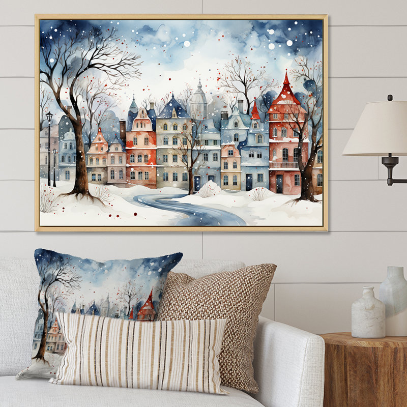 «Christmas village in Winter III - Winter Landscape», art mural encadré, Cadre flottant blanc, H 30 po x l 40 po x P 1,5 po