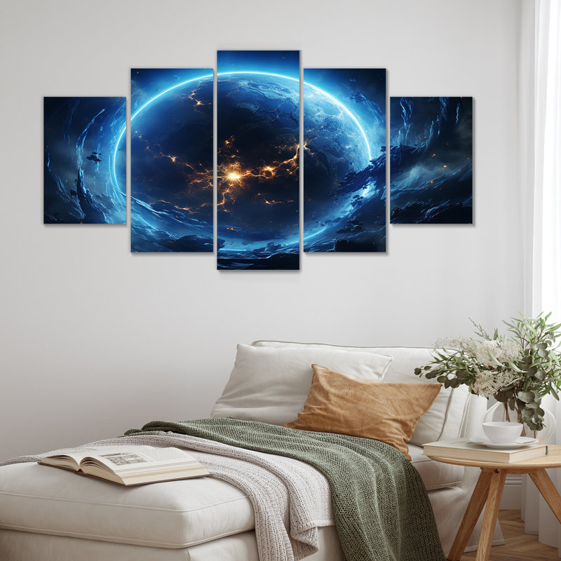 Paysage cosmique blanc et bleu II - Planètes, art mural multi-panneaux