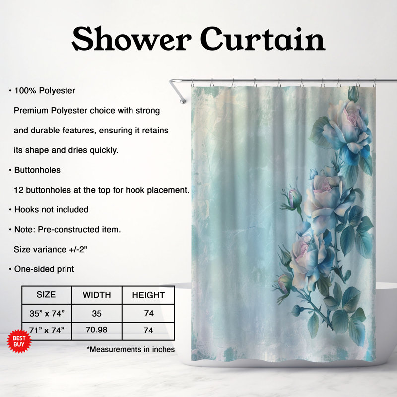 Rideau de douche standard 1 pièce Gentle Blue Roses, H 74 po x l 71 po