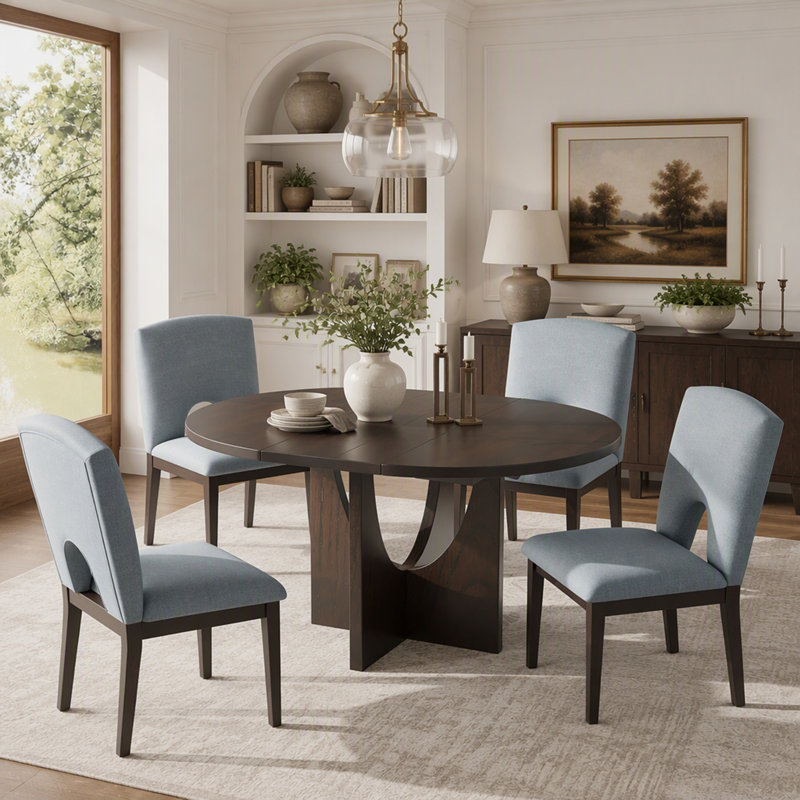 Ensemble de salle à manger rond extensible moderne de 5 pièces avec rallonge amovible de 41 cm (16,2 po), idéal pour les petits espaces.