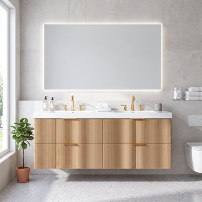 60" MDF Wall-Mounted Bathroom Vanity, Wood, with SMC Sink, Soft-Close Drawers, Faucet Not Included