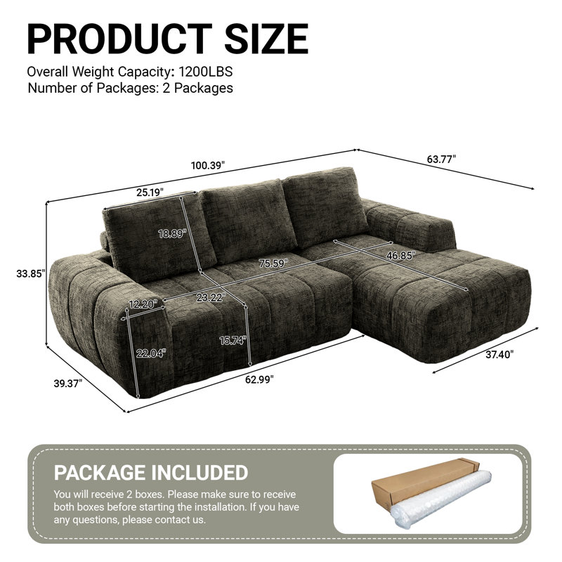Boneless 100" Chenille Compression Sofa with Chaise, L-Shaped Furniture for Living Room, Brown