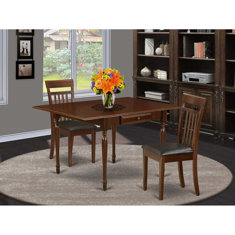 3 Piece Dining Table Set for Small Spaces Contains a Rectangle Dining Room Table with Dropleaf and 2 Faux Leather Upholstered Chairs, 36x54 Inch, Mahogany