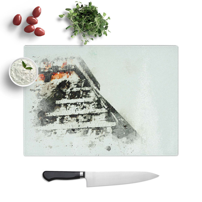 Glass Mayan Pyramids of Chichen Itza in Abstract Chopping Board, 39 cm W x 28.5 cm L