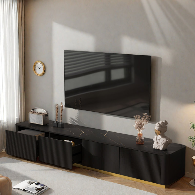 Tv Stand With 4 Drawers, Faux Marble Tabletop And Curved Profile Design, Black