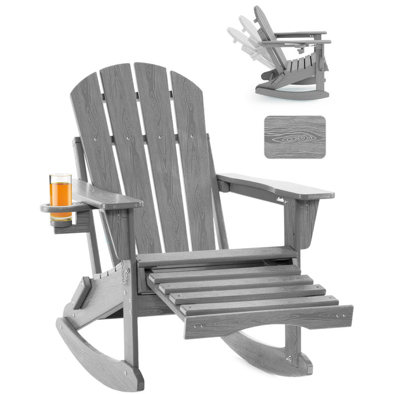 Folding Adirondack Rocking Chair,4-in-1 Multifunctional Patio Chair with Retractable Ottoman, Outdoor Chair Wood Texture, Lawn Chair for Porch, Backyard, Pool
