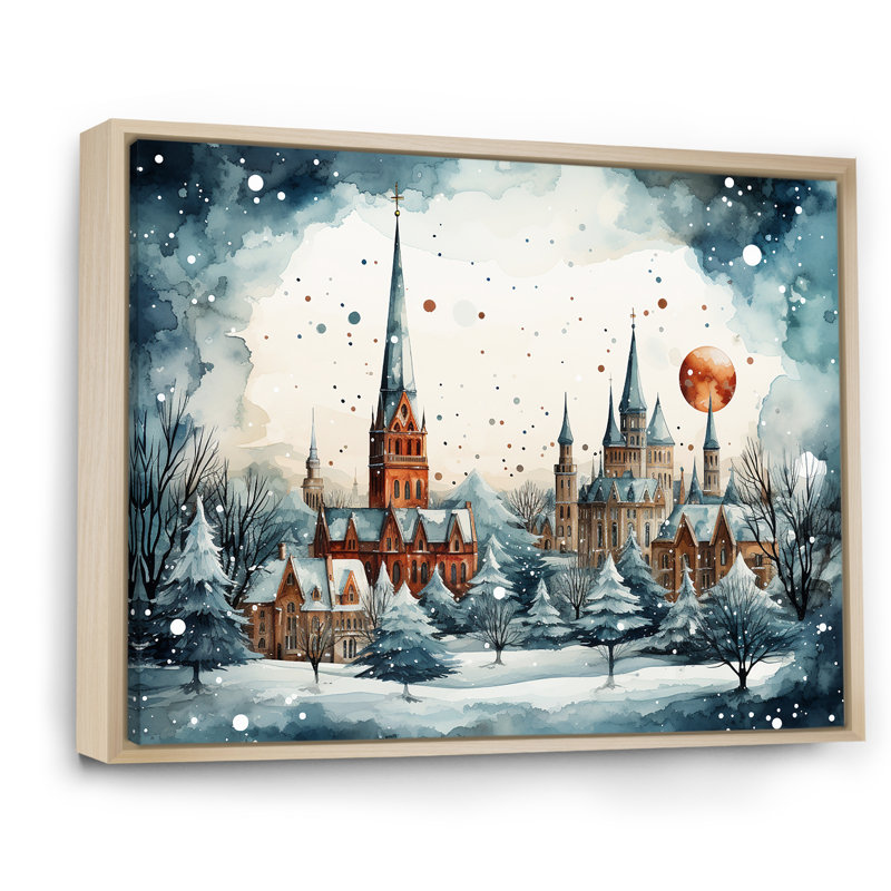 «Christmas Village In Winter II - Winter Landscape», art mural, Cadre flottant brun, H 30 po x l 40 po x P 1,5 po