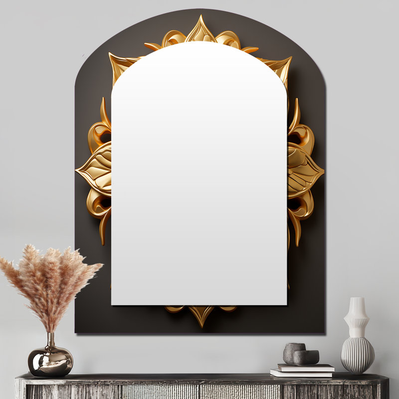 Abstrait doré tournesol glamour II - grand miroir mural arqué sur métal, 43 po x 33 po