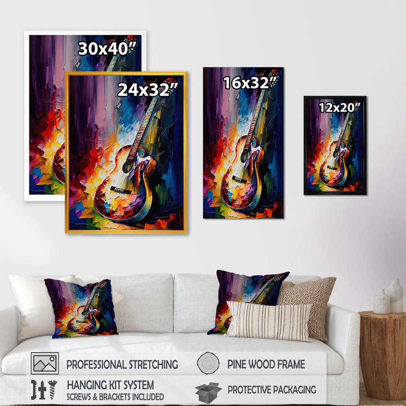 Guitare sur scène I - musique, art mural, H 20 po x l 12 po x P 1 po, Toile tendue