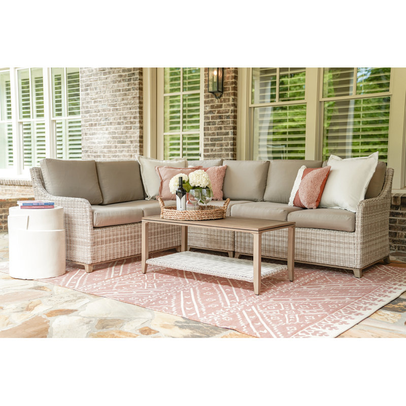 Ensemble de conversation modulaire en osier avec coussins 5 pièces, Brun clair