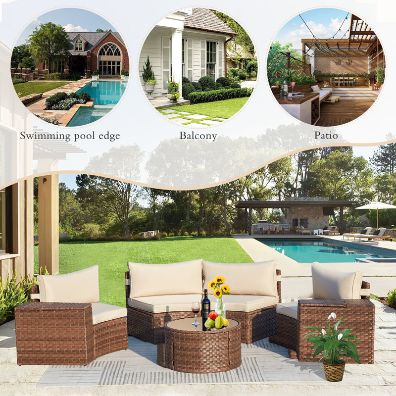 Ensemble modulaire de patio 7 pièces avec table ronde et 2 tables d'appoint, Beige