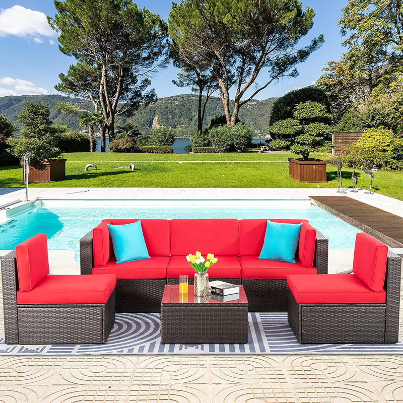 6 Piece Wicker / Rattan Outdoor Sectional Seating Group with Cushions, Red