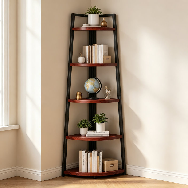 Étagère d'angle à 5 niveaux en bois massif – Bibliothèque échelle haute au design gain de place pour salle de bain et salon