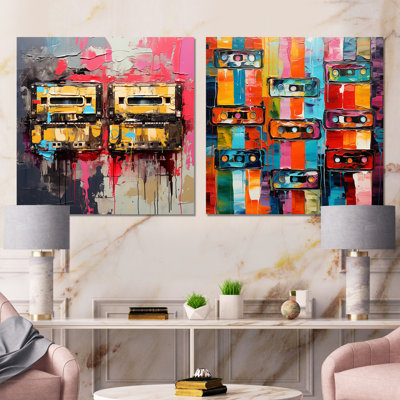 Colorful Abstract Melodic Cassette Tapes IV - Cassette Tapes Wall Art Living Room Set Of 2