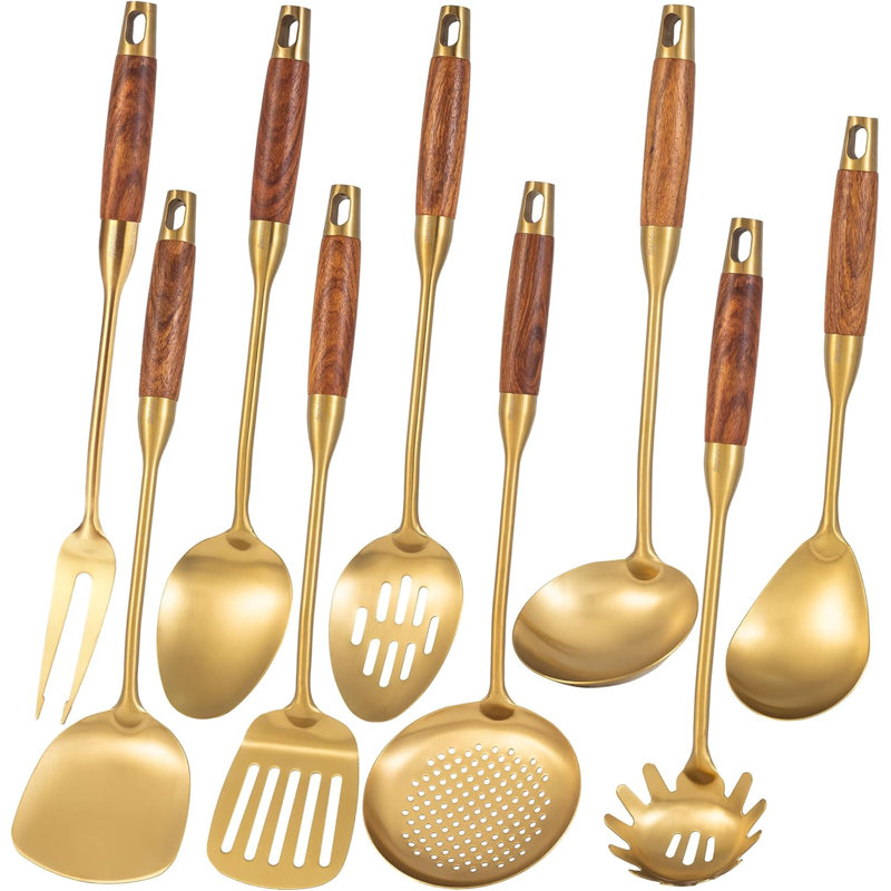 Ensemble d'ustensiles de cuisine professionnel en acier inoxydable 18/10 avec poignées en bois de rose - Outils de cuisine 9 pièces à finition dorée pour les amateurs de cuisine
