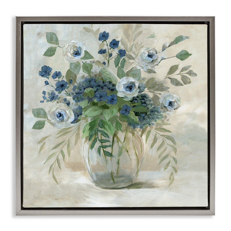 Bouquet de roses et de fougères mélangées, Cadre flottant gris lustré, H 18 po x l 18 po