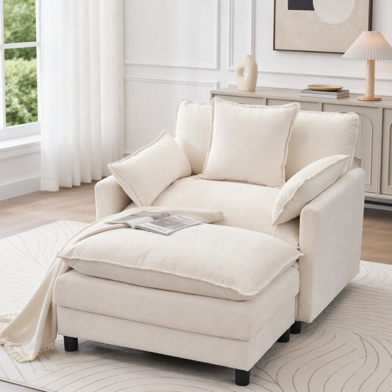 Chaise d'appoint moderne avec repose-pieds, revêtement en chenille moelleuse et structure en bois massif, Tissu beige