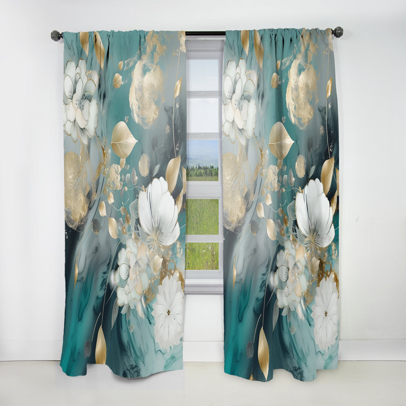 Rodwell - Golden Blue Marble Flowers II - Traditional Velvet Curtain - Room Darkening - 1 panel, 52" W x 63" L