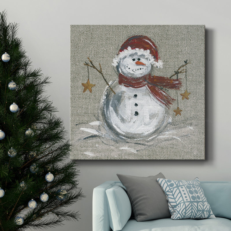 Lin bonhomme de neige sur toile tendue I-Premium - prêt à accrocher, H 16 po x l 16 po x P 1 po
