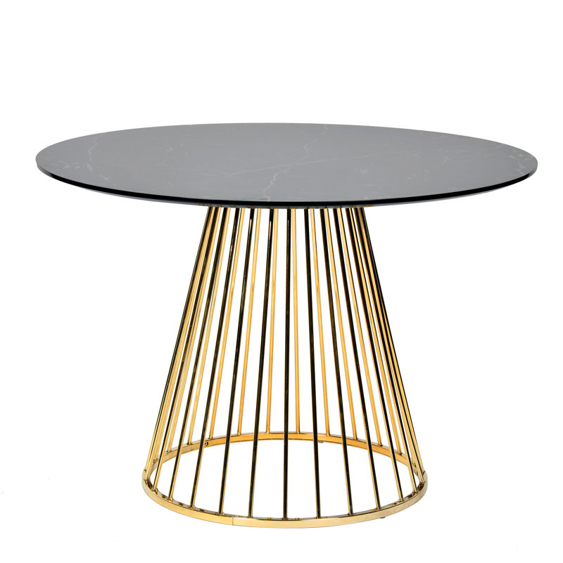 Carpenter Pedestal Marble Dining Table With Birdcage Style Legs, Gold, White, 75cm H x 80cm W x 80cm D 