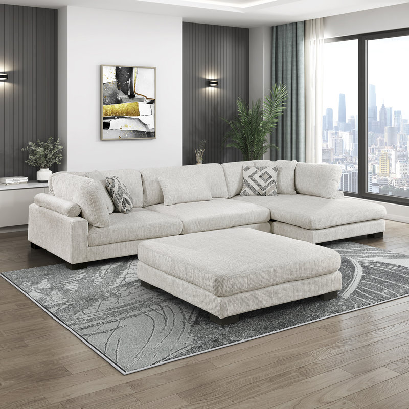 Hulett 135" Modern Modular Sectional with Microfiber Fabric, Included Ottoman & 5 Pillows, 34.5" H x 135" W x 70" D