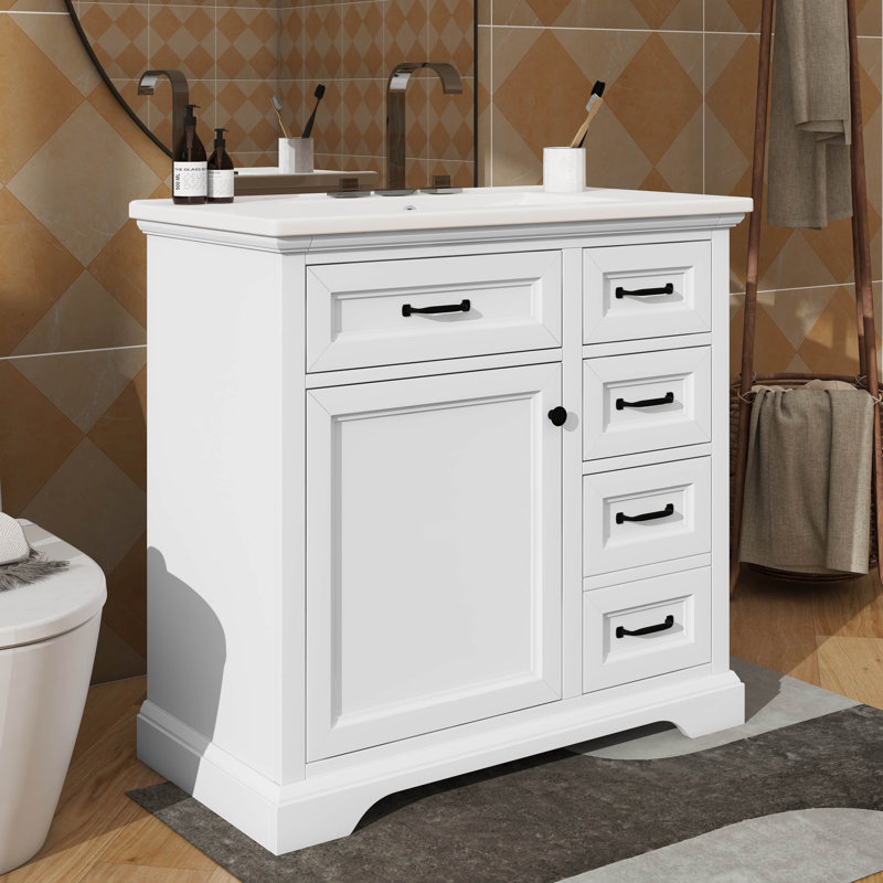 Meuble-lavabo 36 po avec lavabo, lavabo en céramique, 2 tiroirs basculants, Blanc