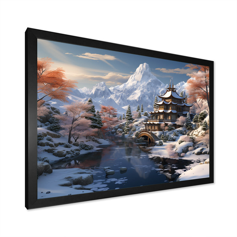 Paysage de montagne du temple bouddhiste de Chine - art mural Chine, Black Closed Corner Frame, 20" H x 12" W x 1" D