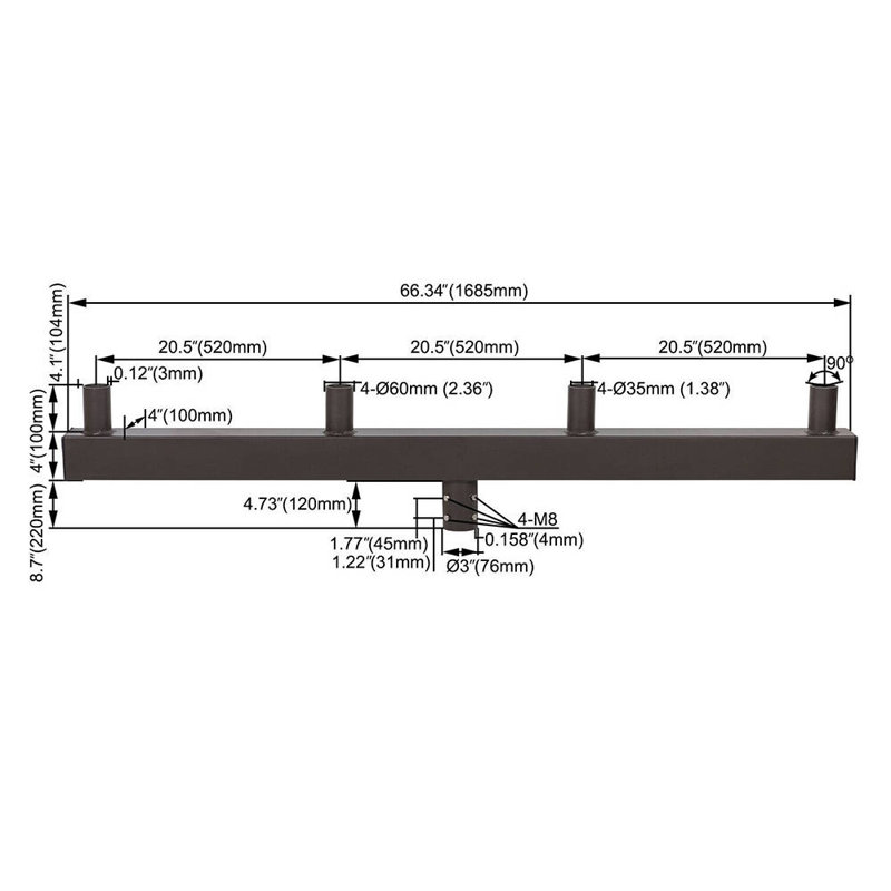 Support de fixation à mât bas à profil bas avec 4 tenons alignés pour poteau supérieur de 2 3/8 po Tenon