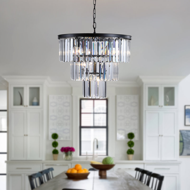 Luminaire suspendu en cristal à trois niveaux 20 po, cadre noir à 7 lumières (ampoule non incluse)